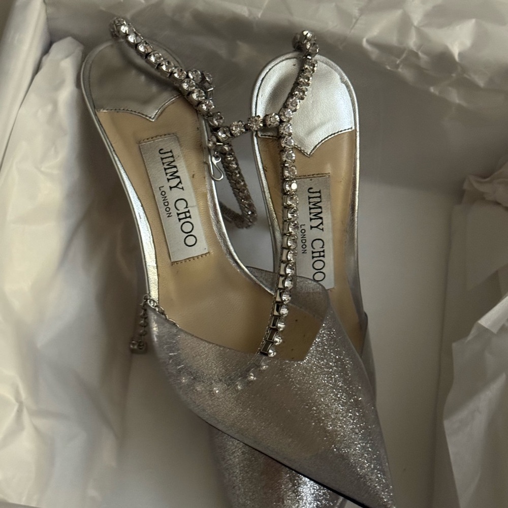 Jimmy Choo Silver Saeda 100 wedding shoe
